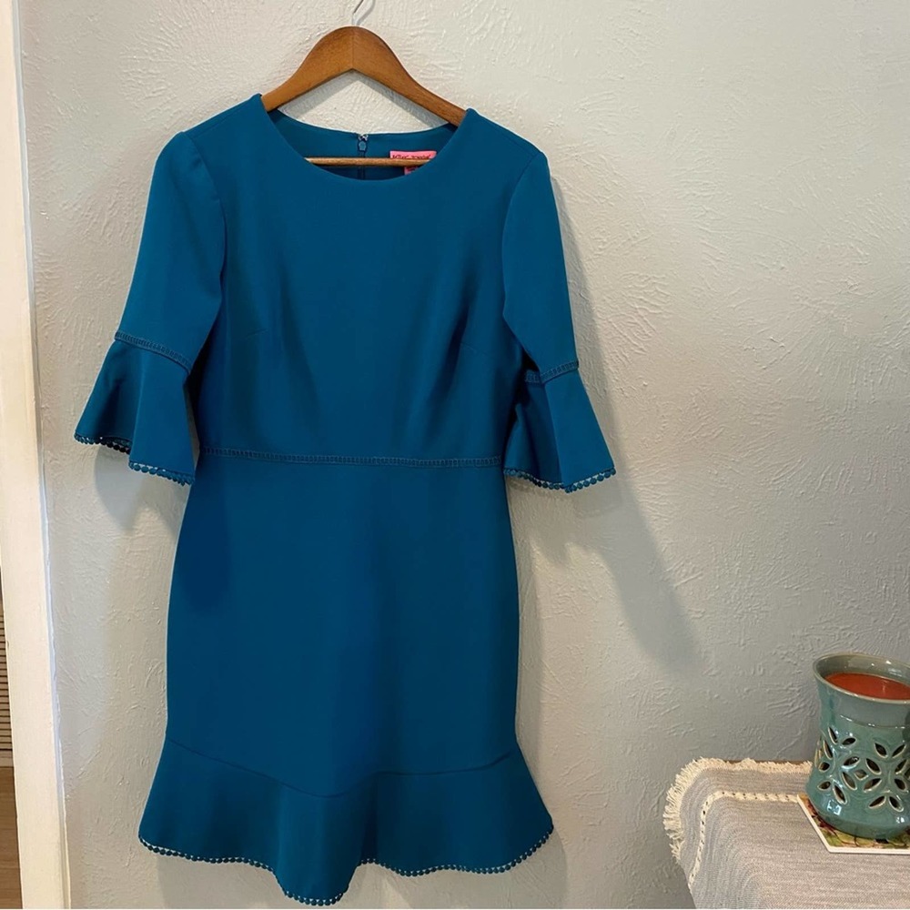 Betsey Johnson Scuba Crepe with Bell Sleeves Midi Teal Dress Size 6 - Picture 8 of 8